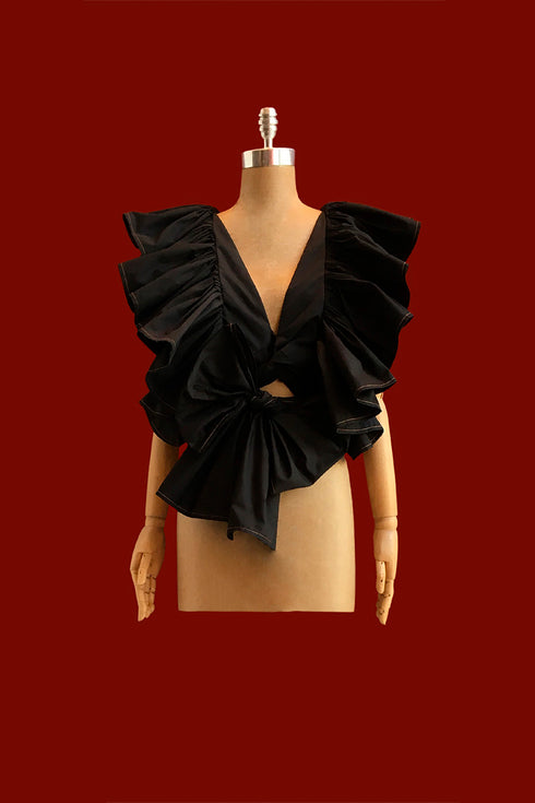 TOCUYO CROPPED TOP RUFFLES V NECK BLACK