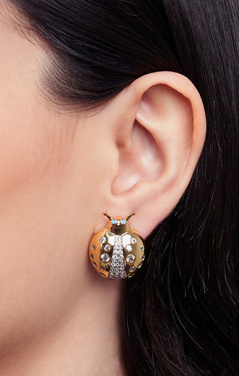 Gold Royal Ladybug Stud Earrings front view