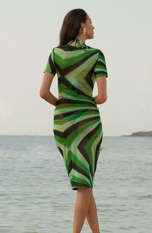 Green Short Sleeve Mesh Solar Midi Dress