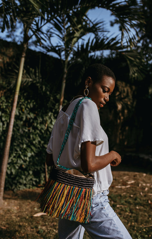 Multicolor Straw Metal chain Shoulder Bag