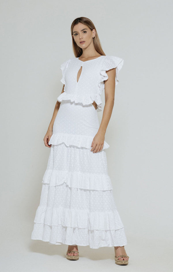 White Cotton Ruffles Maxi Dress