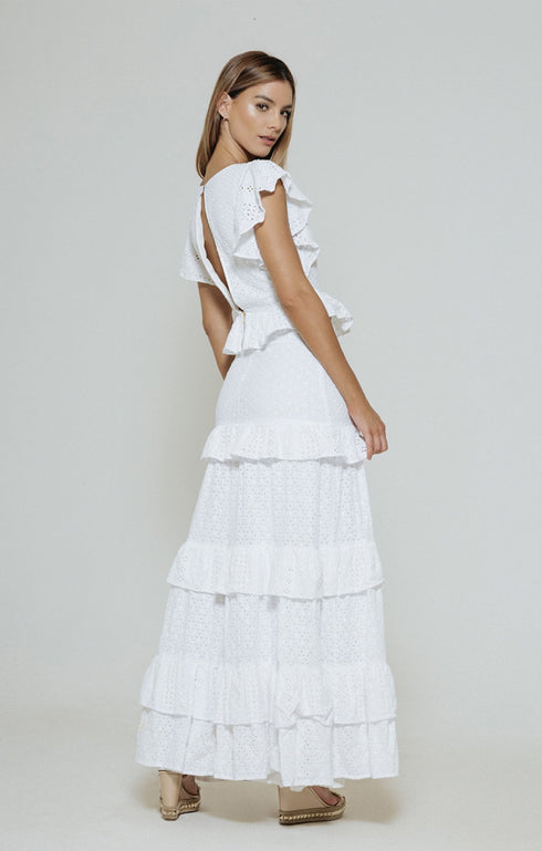 White Cotton Ruffles Maxi Dress