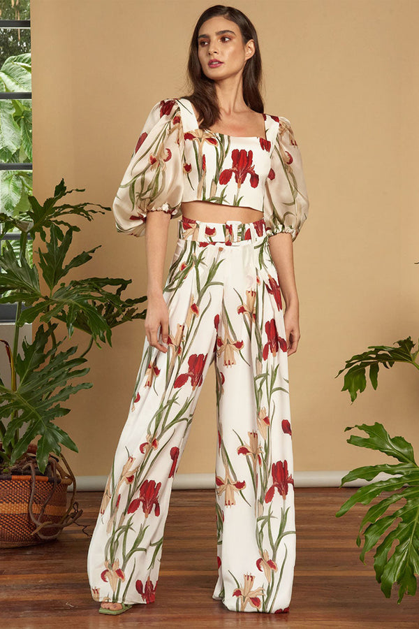 White Flora Balloon Sleeves Crop Top