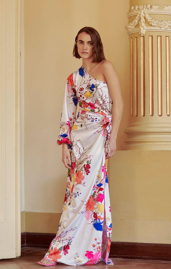 Floral One-shoulder Satin Maxi Dress