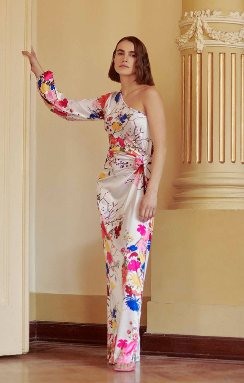 Floral One-shoulder Satin Maxi Dress