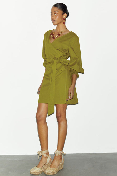 Cotton Linen Mini Wrap Dress