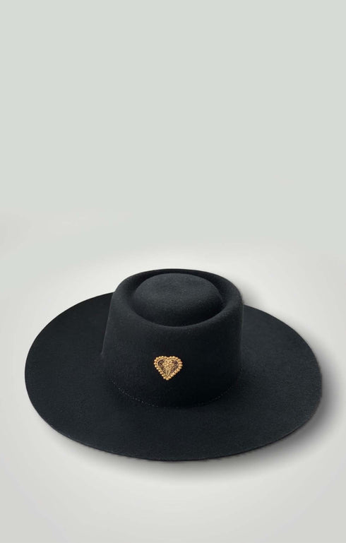 Black Wool Felt Hat With Goldplated Heart