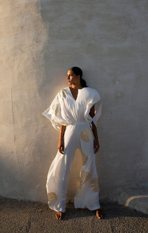 Gold Printed Silk Jumpsuit