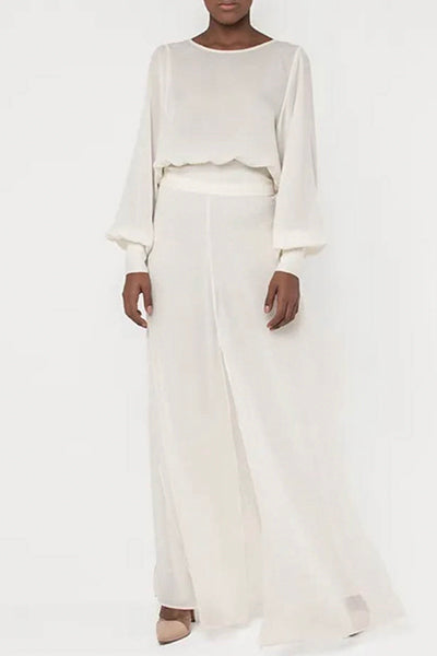 PALAZZO PANTS HIGH CUT CHIFFON LAYERS WHITE