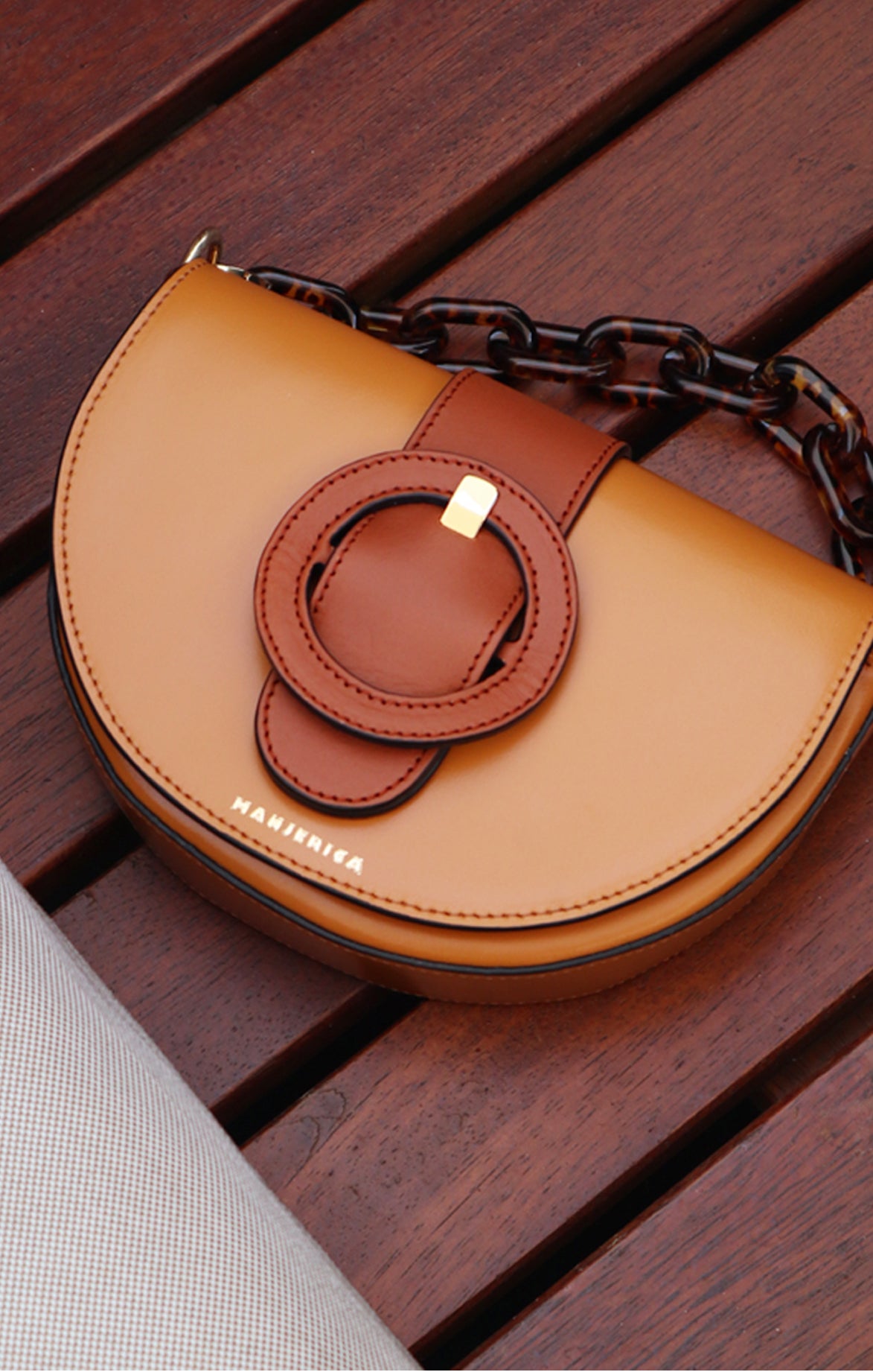 Camel Leather Half Moon Shaped Cross-Body Bag